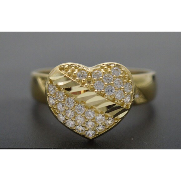 Real Solid 10k Yellow Gold Women Textured Heart CZ Engagement Ring All Sizes